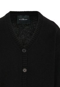 Cardigan nero lavorato a maglia con scollo a V, colletto a coste e chiusure a bottoni, caratterizzato da una texture sottile. L'interno presenta un motivo a rete a contrasto.