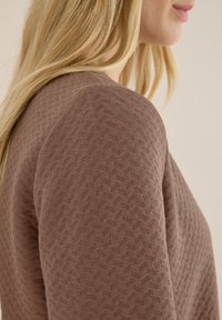Maglione marrone con una texture e un delicato motivo geometrico, dotato di un colletto rotondo e maniche aderenti, visto di lato.