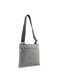 Graue Stoff-Schultertasche mit verstellbarem Riemen, Reißverschlussverschluss, Fronttasche und geprägt Logo. Glatte Textur mit minimalistischem Design.