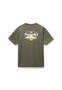 Olive green cotton t-shirt with a crew neck, short sleeves, and a white and yellow mountain graphic logo on the back.