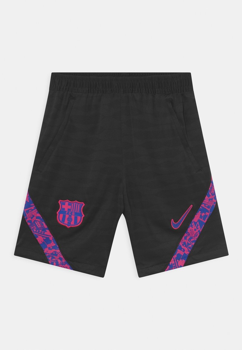 Pantaloni sportivi neri con strisce a motivi rosa e blu, con il crest del FC Barcelona a sinistra e il logo Nike rosa a destra.