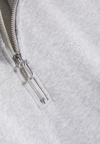 Ανοιχτό γκρι φούτερ με φερμουάρ και υφή, ασημένιο φερμουάρ και μικρό λογότυπο από ρουμπίνι στο στήθος. Απλός και κλασικός σχεδιασμός.