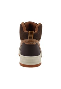 Brown suede and textile high-top sneaker with a cream midsole, a brown rubber outsole, and a striped pull tab at the back. Logo present.