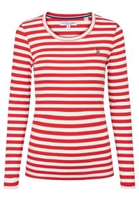 Rot-weißer gestreifter Langarmpullover aus geripptem Material mit Rundhalsausschnitt und kleinem Logodetail auf der Brust.
