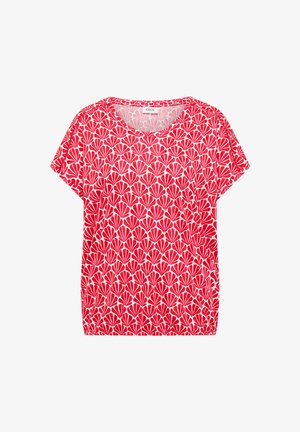 Rote kurzärmelige Bluse mit rundem Ausschnitt und wiederholendem Muster aus pinken und roten fächerförmigen Motiven, mit dem Etikett "CECIL" im Kragen.