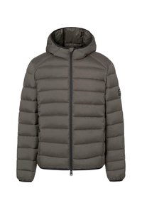 Dunkelgraue gepolsterte Jacke mit Reißverschluss vorne und Kapuze. Verfügt über ein gestepptes Design und elastische Bündchen. Das Material scheint glatt und langlebig zu sein.