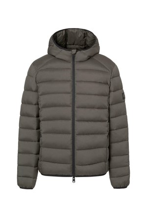 Chaqueta acolchada en gris oscuro con cierre de cremallera frontal y capucha. Presenta un diseño acolchado y puños elásticos. El material parece suave y duradero.