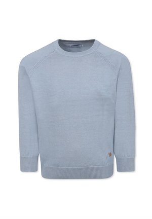 Maglione lavorato a maglia azzurro chiaro con collo a giro. Presenta polsini e orlo a costine, maniche raglan e un piccolo dettaglio del logo sull'orlo.