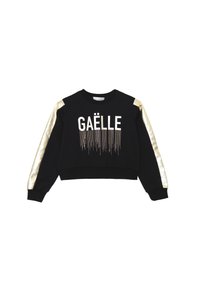 Felpa nera con maniche in raso dorato, con la scritta "GAËLLE" in bianco e dettagli in strass per un design texture. Vestibilità cropped.