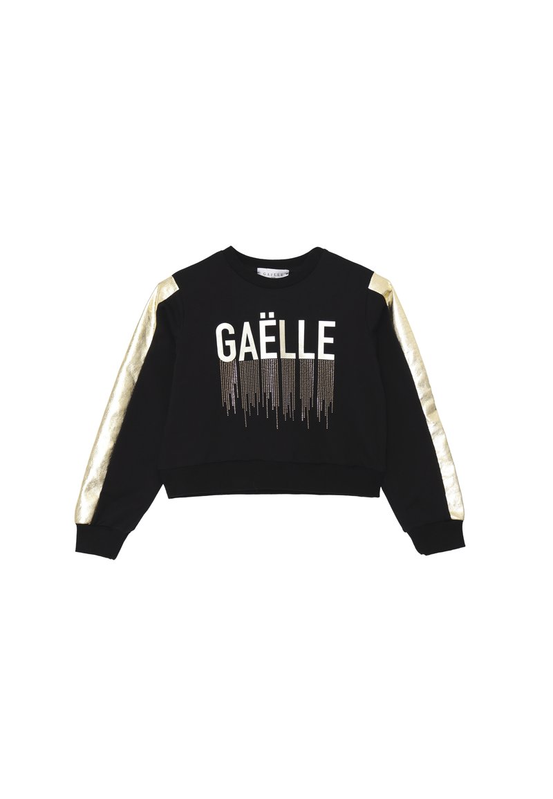 Felpa nera con maniche in raso dorato, con la scritta "GAËLLE" in bianco e dettagli in strass per un design texture. Vestibilità cropped.