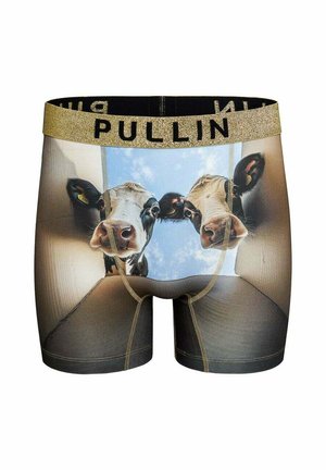 Boxer imprimé motif vache noir et blanc avec une ceinture élastique dorée portant l'inscription "PULLIN." Le tissu semble lisse et extensible.