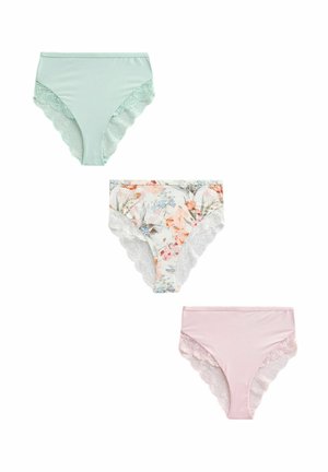 Tre højtaljede dameunderbukser med blonderkant i ensfarvet mint, blomsterprint og ensfarvet lyserød, arrangeret vertikalt på hvid baggrund.