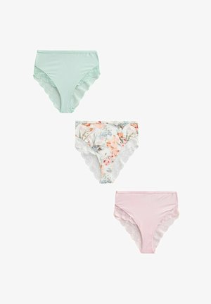 Trei chiloți pentru femei cu talie înaltă și margine de dantelă, în nuanțe solide de mentă și roz deschis, și cu model floral, aranjați vertical pe un fundal alb.