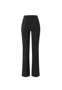 Black flared pants made of stretch fabric with a high waist, featuring a smooth finish and no visible seams or patterns.