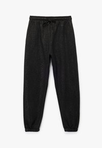 Pantalones de chándal negros con una textura brillante y reflectante, con una cinturilla elástica, cordón ajustable y puños en los tobillos.