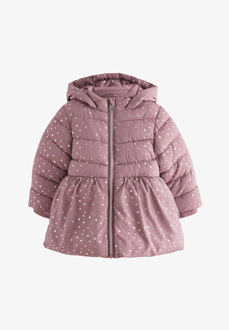 Mauve színű, peplumos fazonú puffertáska, ezüst csillagmintával, cipzáros záródással és kapucnival. Texturált anyagból készült, puffos ujjakkal.