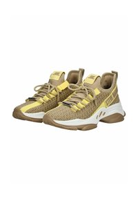Sneaker in maglia beige con accenti gialli, lacci elasticizzati e suole imbottite. Parte superiore testurizzata con logo sulla linguetta e sul lato.