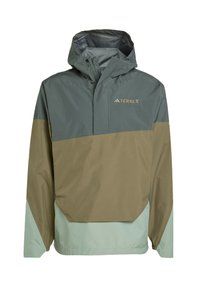 Terrex hooded jacket in dark green, light green, and brown. Features a half-zip front, water-resistant material, and elastic cuffs.