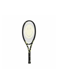Tennisschläger mit schwarzem Rahmen, gelbem Smiley-Gesicht auf den Saiten und griffigem schwarzen Griff. Mit gelben und weißen Bällen-Muster.