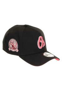 Black baseball cap with red embroidered accents, featuring a large "O" and a "50" patch on the side, made of cotton fabric with a curved brim.