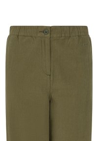 Pantaloni verde oliva con finitura testurizzata, dotati di chiusura frontale con bottone e cintura elastica. Logo del marchio ricamato sul lato.