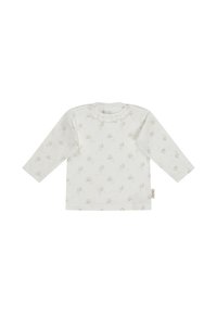 Langärmliges weißes Hemd aus weichem Stoff, mit einem verstreuten Blumenmuster in gedämpften Farben und dekorativen Schulterdruckknöpfen.