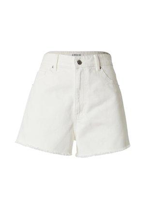 White denim shorts with a high waist, featuring a frayed hem, front pockets, and a button closure. Simple design, no patterns or embellishments.