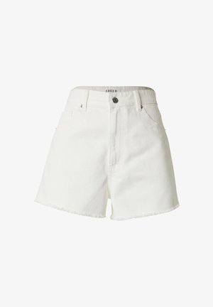 White denim shorts with a high waist, featuring a frayed hem, front pockets, and a button closure. Simple design, no patterns or embellishments.