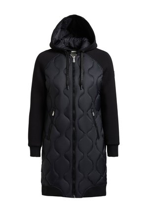 Schwarze, gesteppte lange Jacke mit Kapuze, durchgehendem Frontreißverschluss, Reißverschlusstaschen an den Seiten sowie strukturierten Ärmeln und Bündchen.