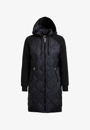Black quilted long jacket with hood, full front zipper, zippered side pockets, and textured sleeves and cuffs.
