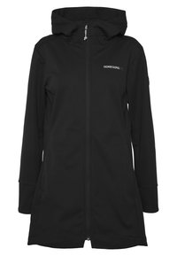 Černá softshellová bunda s kapucí, zipovým uzavřením, dlouhými rukávy, bočními kapsami a logem na hrudi. Hladká textura a délka do kolen.