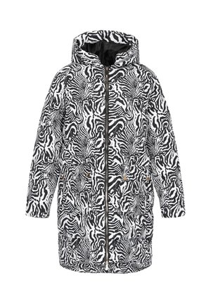 Vuorattu takki musta-valkoisella seepri-kuvalla, jossa on huppu, etuvetoketju, kaksi taskua ja kultaiset yksityiskohdat.