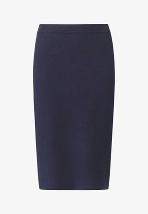 Laivastonsininen lyhyt hame, joka on valmistettu pehmeästä, tekstuurista kankaasta. Ominaisuuksiin kuuluu muotoilu, joka on tiukka ja suora siluetti. Ei näkyviä koristeita.