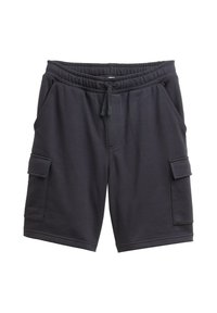 Donkergrijze shorts van zachte stof, voorzien van een elastische tailleband met een trekkoord, twee zijzakken en één cargozak.