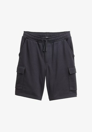 Pantaloni corti grigio scuro realizzati in un tessuto morbido, con una cintura elastica dotata di coulisse, due tasche laterali e una tasca cargo.