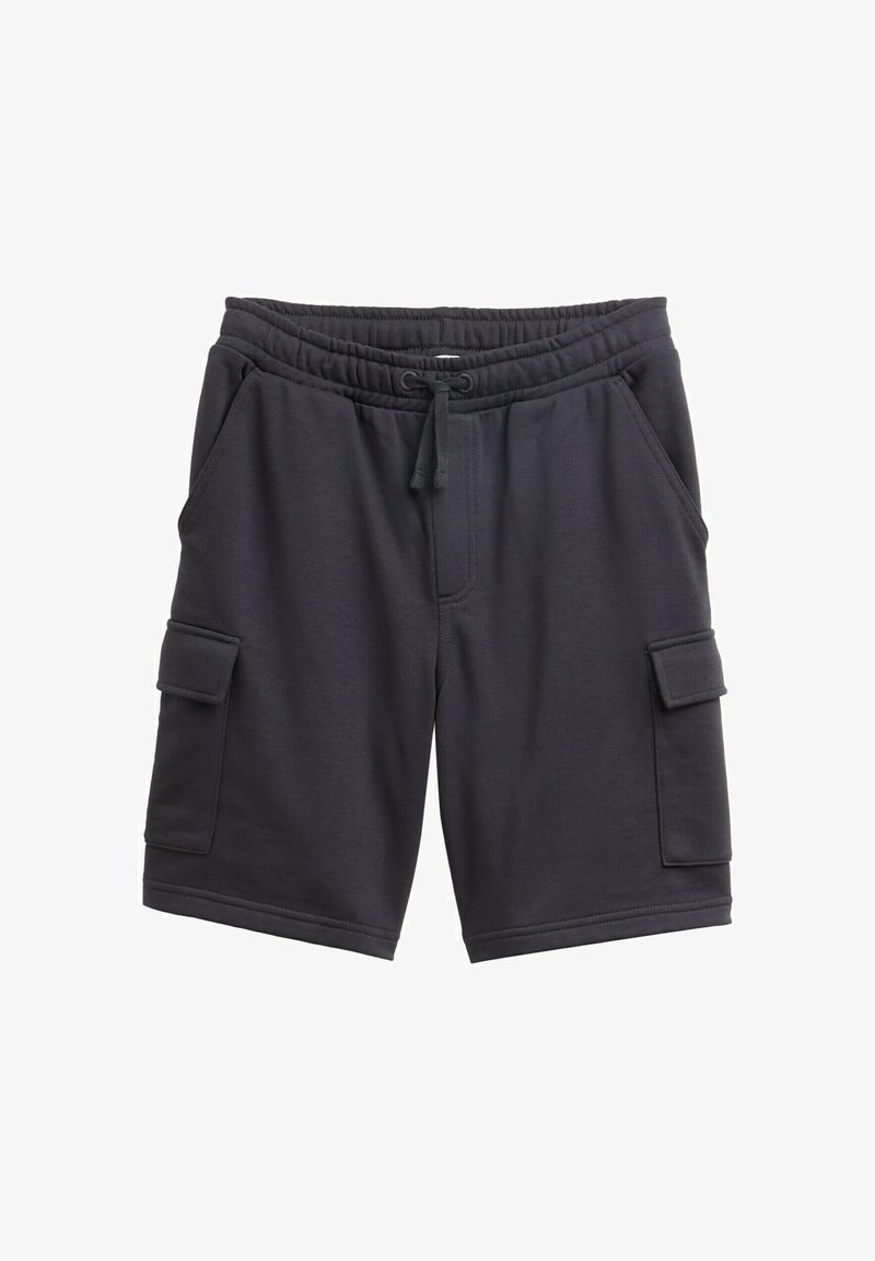 Donkergrijze shorts van zachte stof, voorzien van een elastische tailleband met een trekkoord, twee zijzakken en één cargozak.