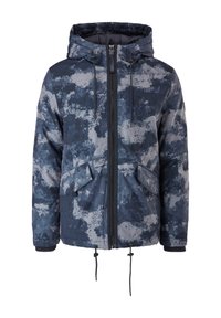 Marinblå huvjacka med ett molnliknande mönster, frontdragkedja, två framfickor och justerbara snoddar vid fållen och huvan.