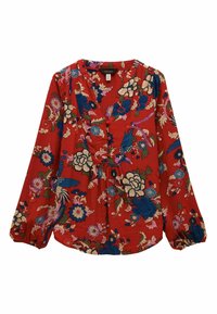Rote Bluse mit floralen Motiven, langen Ärmeln, einem gerafften Bund und lebendigen blauen, rosa und cremefarbenen Blumenmustern sowie einer glatten Textur.