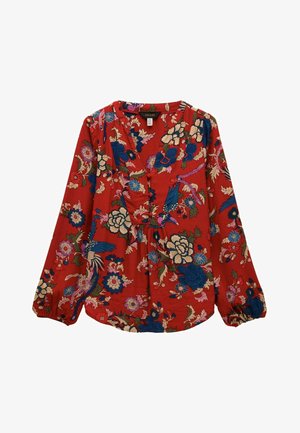 Červená kvetinová blúzka s dlhými rukávmi, zberaným pásom a živými modrými, ružovými a krémovými kvetinovými vzormi s hladkou štruktúrou.