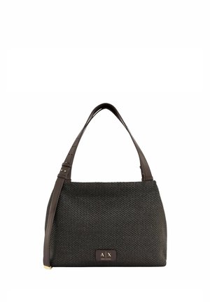 Zwart geweven schoudertas met verstelbare donkerbruine band en klein rechthoekig Armani Exchange-logo op de voorkant.