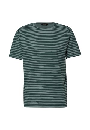 Korte mouwen T-shirt met ronde hals en horizontale donkere en lichte groene strepen, gelijkmatig verdeeld over de stof.