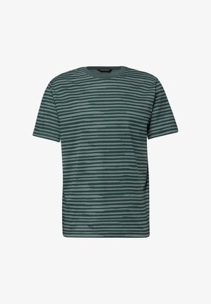Korte mouwen T-shirt met ronde hals en horizontale donkere en lichte groene strepen, gelijkmatig verdeeld over de stof.