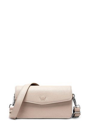 Light beige leather crossbody bag with a flap closure, featuring a logo emblem, silver hardware, and an adjustable strap.