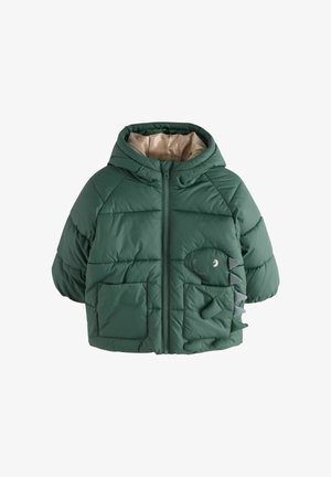 Zelena puffer jakna s kapuljačom, s sjajnim zlatnim podstavljanjem, dva prednja džepa i razigranim dizajnom dinosaura na desnom džepu.