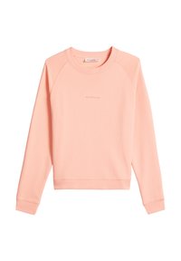 Hellrosa Sweatshirt mit Rundhalsausschnitt, langen Ärmeln und dezent gesticktem Text in der Mitte der Brust.