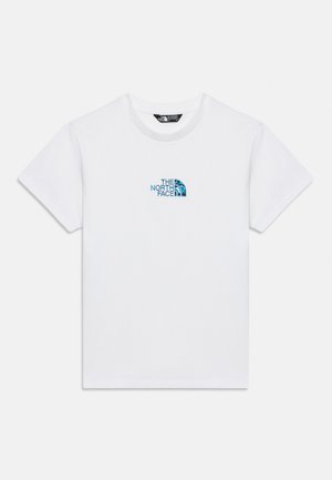 Weißes T-Shirt mit kurzen Ärmeln und Rundhalsausschnitt, mit kleinem blauem "The North Face"-Logo auf der linken Brust.