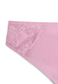 Pink bikini bottom featuring floral lace accents on one side, smooth texture, and stitch detailing along the edges.