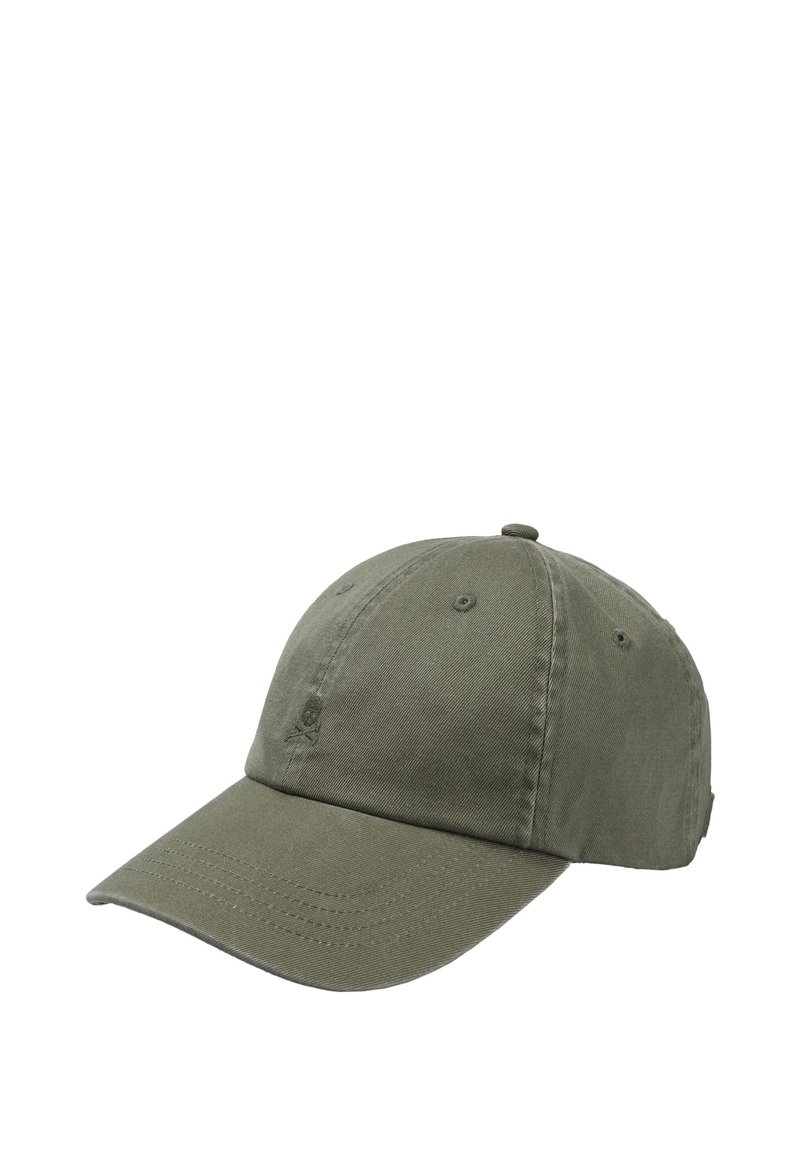Gorra de algodón color verde oliva con una visera curvada, seis paneles y detalle de logo bordado en el frente. Tela texturizada con acentos de costura.