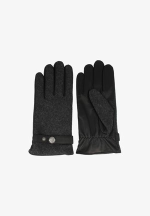 Pair of black gloves with wool fabric on the back and leather palm, featuring a strap with a round metallic button on one glove.