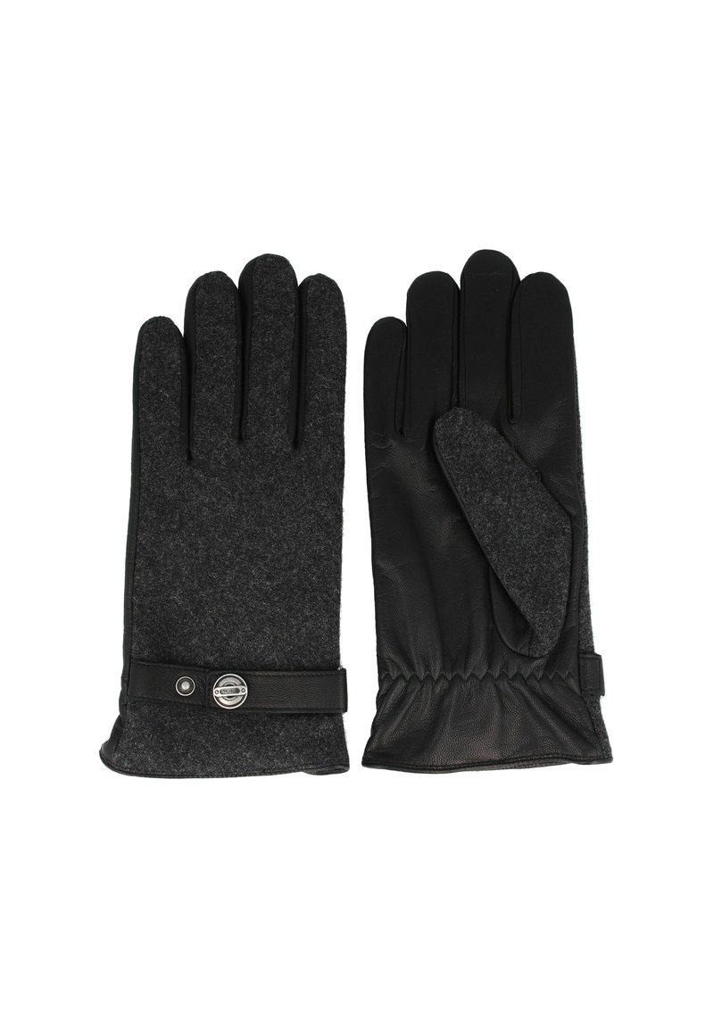 Ein Paar schwarze Handschuhe mit Wollstoff auf der Rückseite und Lederhandfläche, mit einem Riemen und einem runden Metallknopf an einem Handschuh.